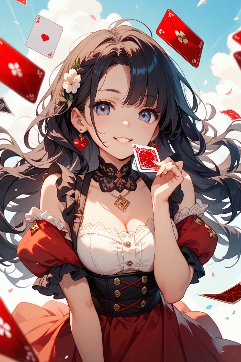 dark-haired gambler girl wearing a dress with colors centered around red and black。A pose where you look slightly to the left side々A pose where you spread your arms and scatter cards in such a posture。cute illustration appealing