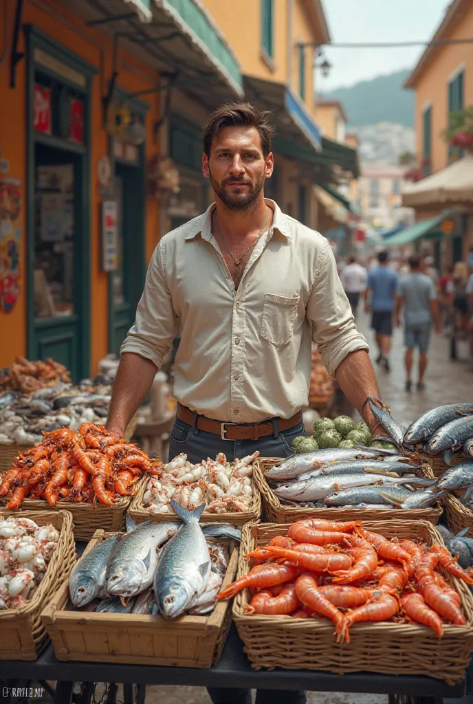 Messi is selling fish.