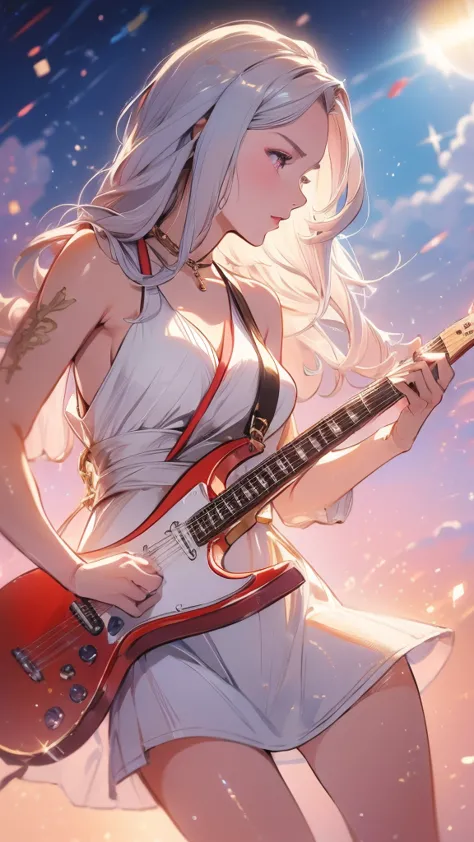 最high quality,  super fine, 16k, very detailed, delicate and dynamic, beautiful woman playing electric guitar, cool star shaped gold body guitar,最high quality, masterpiece. (Cinematic Digital Art: 1.3), high quality, masterpiece, 最high qualityの, Super Deta...