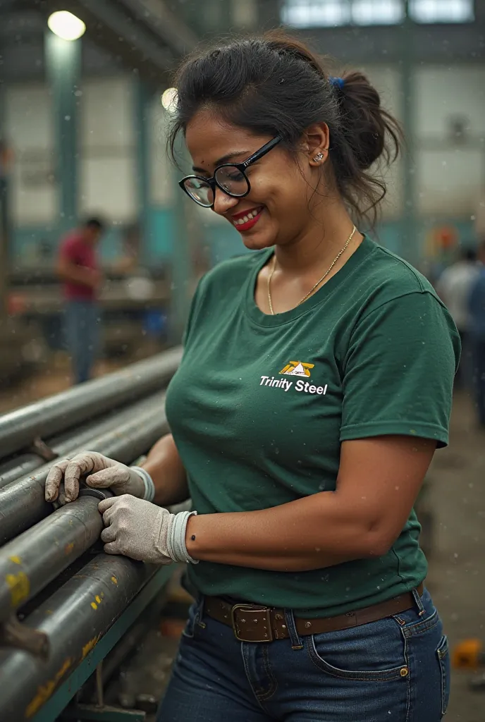 In a threaded rod manufacturing plant, a young Sinhala lady quality checker performing the diameter check of a 6 feet long 1/2 inch diameter threaded rod, using a vernier caliper, she is wearing a pair of cotton gloves, a pair of brown safety shoes, a gree...