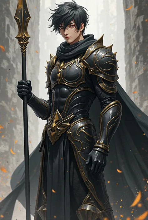 In.anime format, Young man in black armor with gold and a spear 