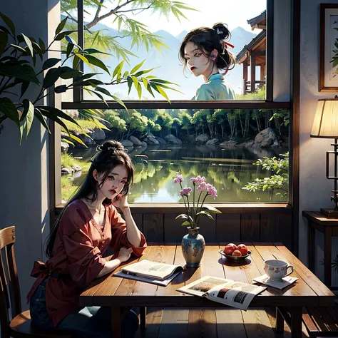 Ancient interior、By the window、There is a lake outside the window、 The lake is clear 、女主坐在By the window的榻榻米上、Bamboo Shadow、Wooden table, short table、 rice paper 、Actress、 long black hair、green hairpin、Have a sword spike in your hand、have cool eyebrows、Bow ...