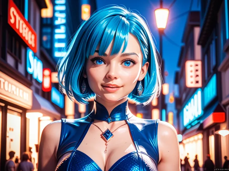 Like a model walking slowly through the main street of the city、Beautiful Android。Blue eyes、Hair is a bob cut、Shining blue metal body。Full body。