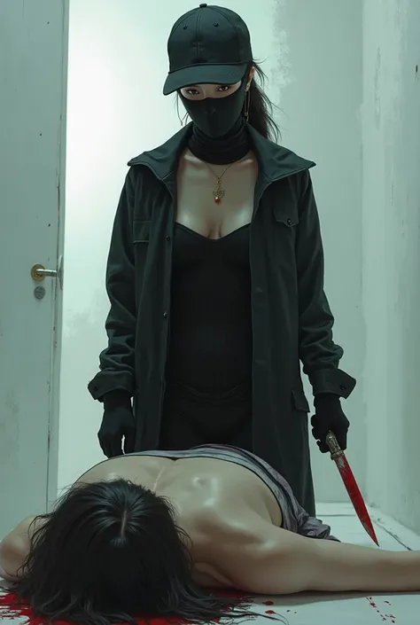  Korean girl , (behind a fallen corpse，awkward portrait of, Take a knife), prick, black balaclava mask,  black gloves , White Room, black tight jacket, Black bare-breasted wetsuit, Trucker Hat, Bloody Knife ,  black gloves , Low Ponytail, woman on top, beh...