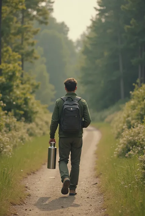 Image on the right side of a man who is walking unprepared with a thermos of coffee but focusing on the thermos