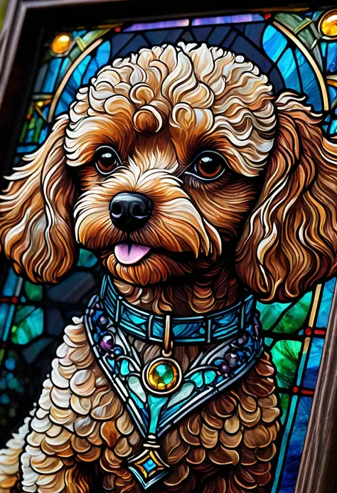 close up of a framed picture of a toy poodle on a table,  Detailed painting inspired by Dan Mumford, polycount, Gothic art, Stained Glass Art, toy poodle art,  colorful detailed art,  stained glass style,  Colorful Glass Art ,  Complex Stained Glass , 8K h...