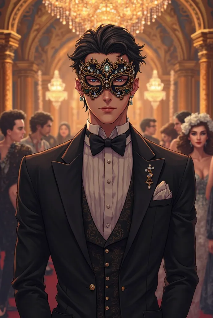 Create a anime of a guy attending masquerade. Handsome and elegant guy High class anime 