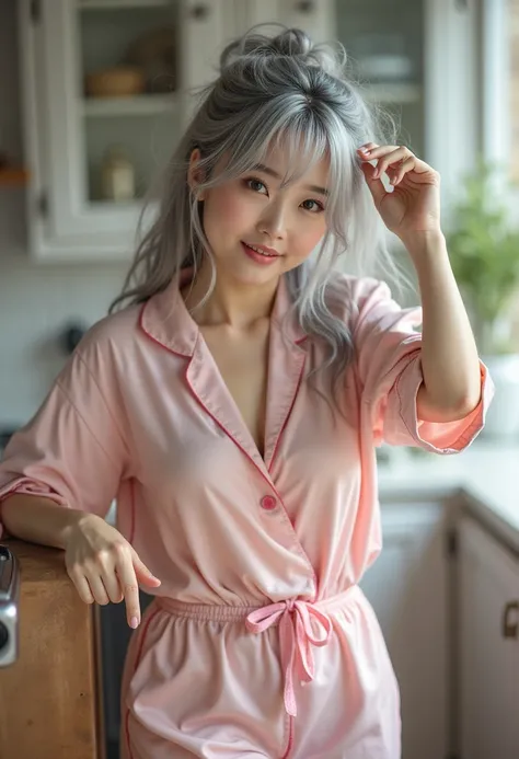 photograph、 creative 、Absolute beauty, Attractive 50 year old, 5' 5&quot;Japanese Actress,、Young looking woman、 very long gray hair 、High ponytail、Detailed eyes、smile、 exposure of shoulder 、Bangs covering the right eye、Detailed eyes, Fluffy bangs, Hair abo...