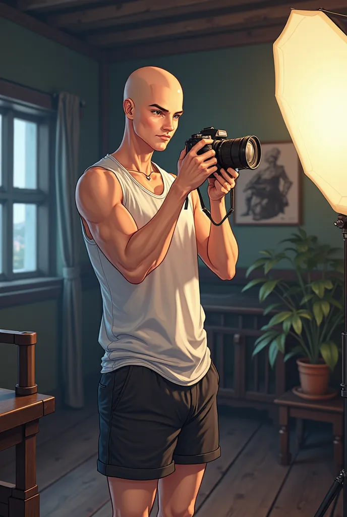 an image of a photographer in his photo studio the studio should be nice and tidy with his camera pointed at me, Your appearance must be bald, Somewhat ugly , little muscular, With a slightly perverted but decent appearance, you must be dressed in a sleeve...