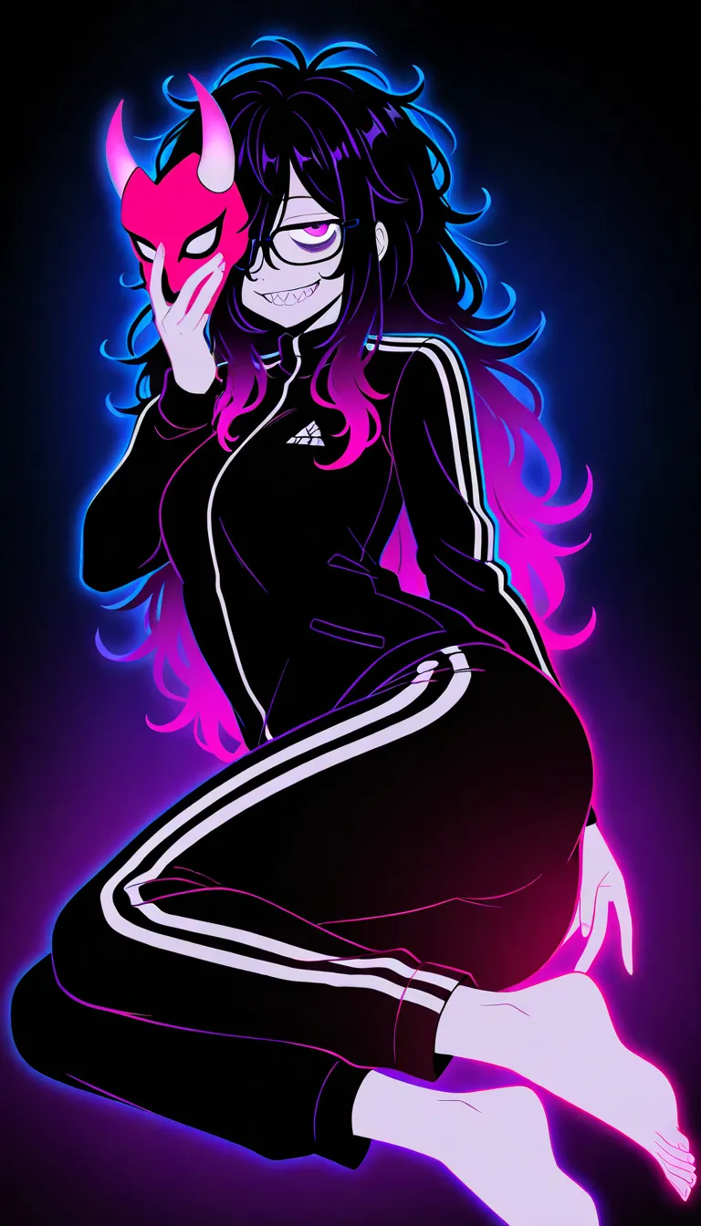  (limited palette:1.5), black background, colorful, (vibrant, glowing outline, neon hair, blacklight:1.2), looking at viewer, (side view:0.1), masterpiece, best quality, absurdres, very aesthetic, 1girl,solo,solo girl,long hair,dark purple hair, ((messy ha...