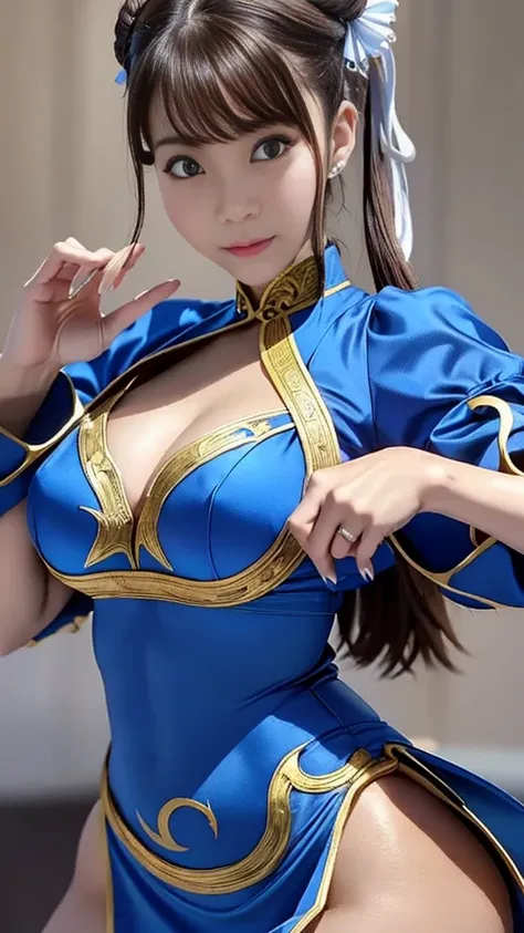 Chun-Li from Street Fighter 2, perfect Chunli costume, blue china dress with gold lines,Bunbashira,  van cover, battle pose, masterpiece、Please tell me about 1 beautiful girl、beautiful eyes、Swollen eyes、Highest quality, 超high definition, (reality: 1.4),  M...