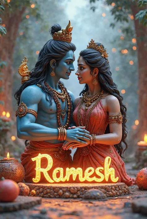 3D image of Mahadev and Parvati ji, there should be a cute photo of them and my name should be written in front of them and it should be standing above the name Ramesh