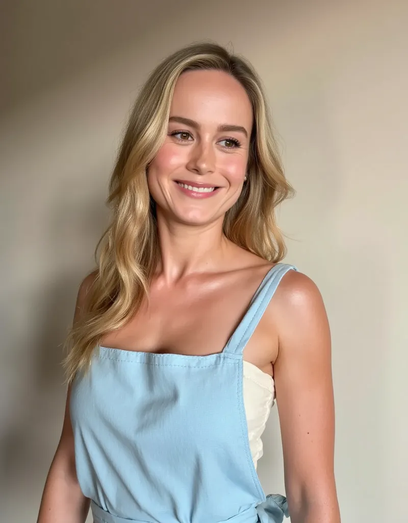 1girl  ,  sozinho, alta resolução, melhor qualidade, HDR, 120,000 pixels , Fotografia profissional,   hiperrealista, Brie Larson, blonde, housewife, with a light blue apron, pale skin, round breasts, in kitchen, morning day, sideview, smiling, cleavage exp...