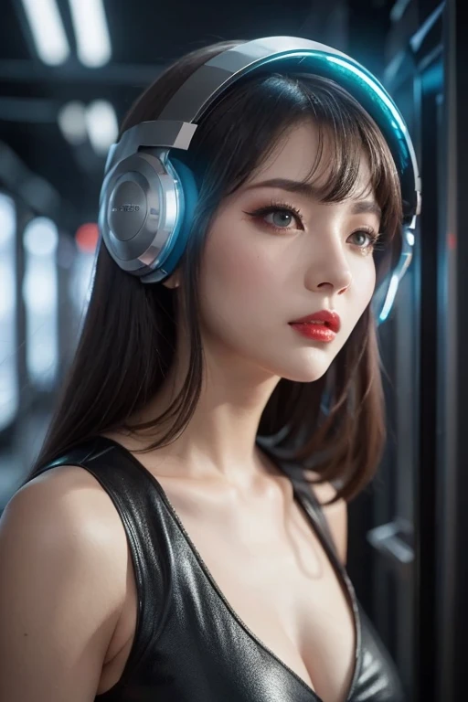  close-up of a woman wearing a futuristic helmet and red lipstick, Cyberpunk Jackie Wells, cgsociety 9,  style for stilets = Retro futuristic ,  beautiful android woman ,   female android ,  retro futuristic fashion , movie「 Blade Runner 」Still image of, F...