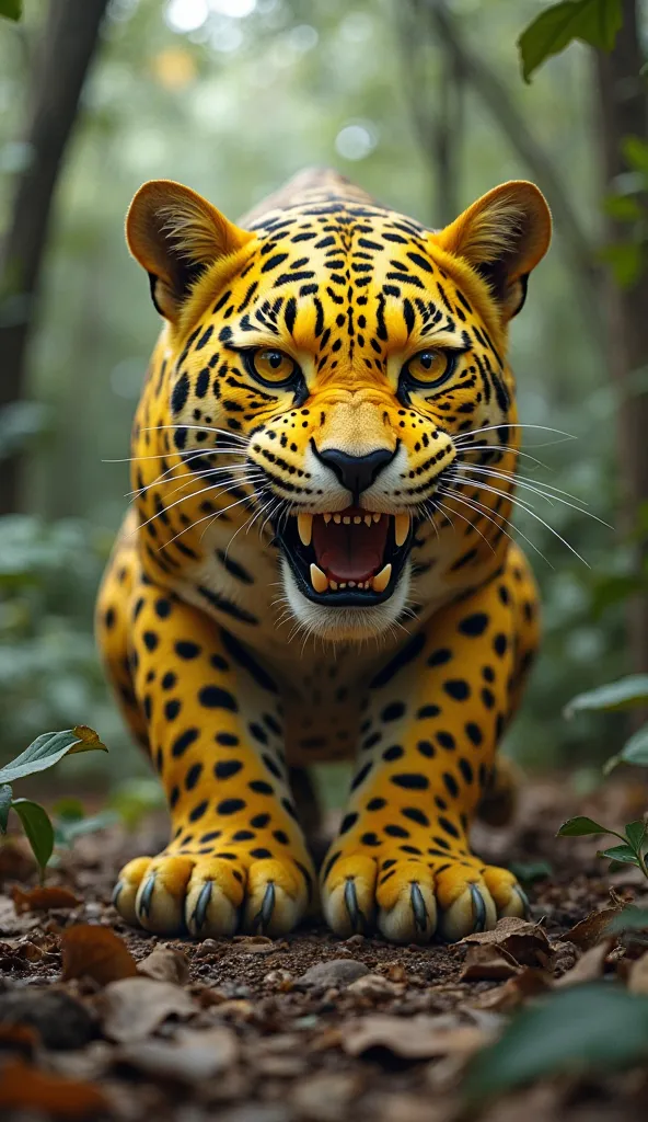  A ferocious and fantastic creature, , which is the fusion of a spotted jaguar and a yellow passionate fruit.  The creature's body is muscular and covered with, made entirely from passion fruit ,  but with a rough texture and golden tones, skin resembling ...