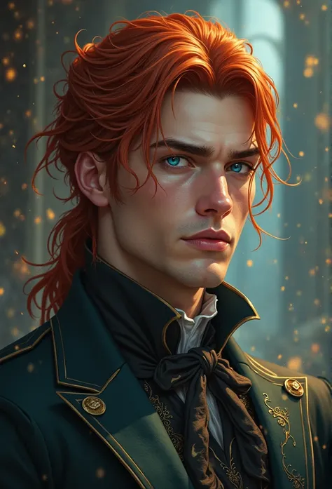 dark fantasy, white ariscocrate shirt, red tied up hair, golden skin, one blue eye, one dark eye, male, handsome, full body, fantasy, man, manly