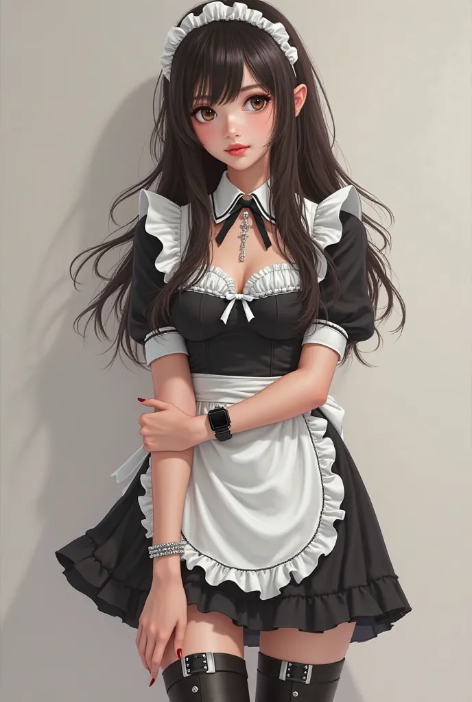 Create an image.

A realistic image of a girl wearing a maid outfit. But the girl is long hair, lightly wavy in the end, dark brown eyes, natural reddish orange lips, black watch on the left wrist, and a white bracelet and silver bracelet on the right. Thi...