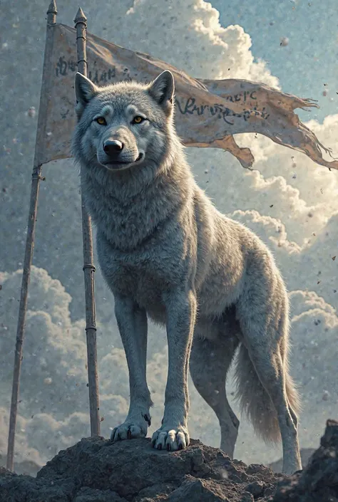 Create image of wolf standing with  flag written  dynamic defender 