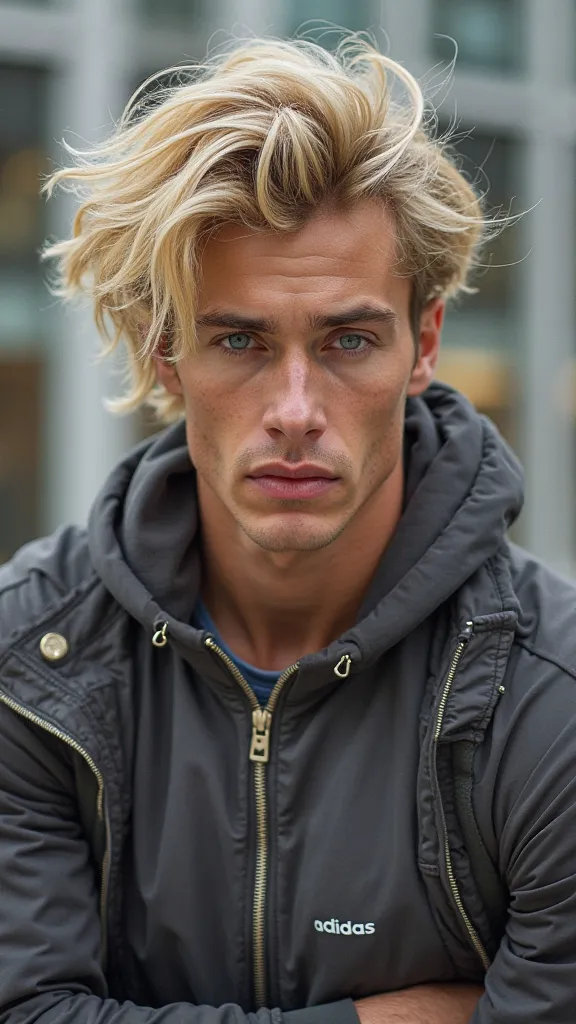  A Man,  blond hair,  moving with the beat of the wind.  The muscular body, Strong and of an infinite sensual beauty, Perfectly beautiful face and always the same. Trendy clothes from the brand "adidas" in evidence and the logo in the upper left corner,  b...