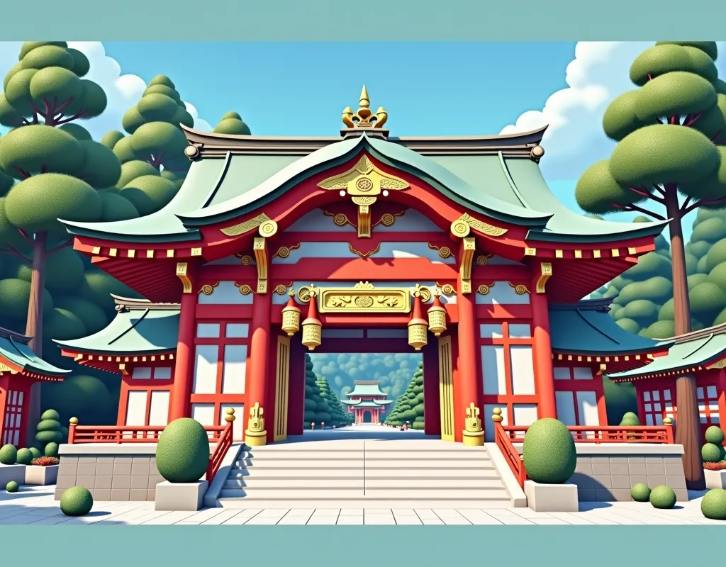 scenery,  Japanese Shrine, Shrine main hall , Buildings Decorated with Ancient Japanese Architecture, Inspired by Kyoto, New Year decorations, building decorated,  fantasy, Front pose,  exhaustive