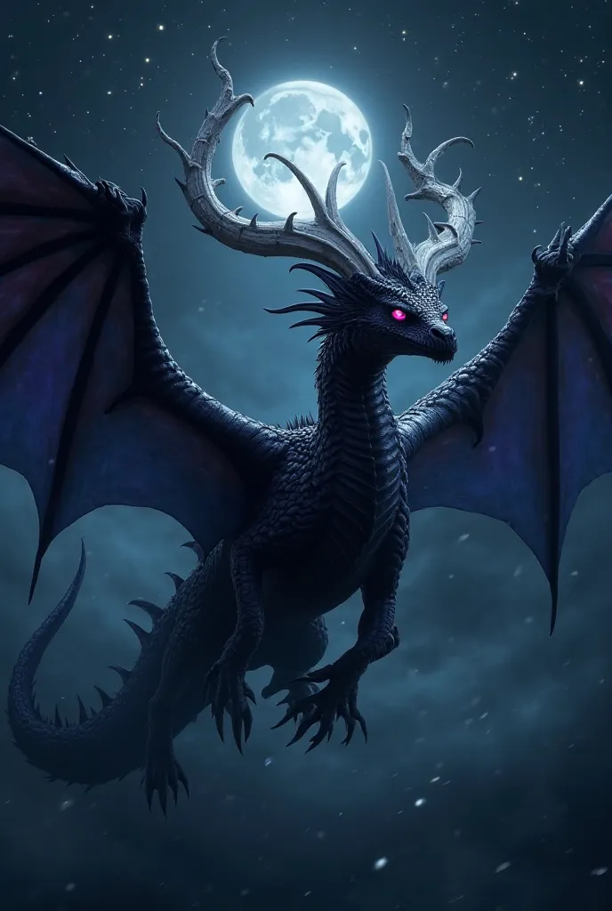 black dragon, with purple eyes, the inner part of the wings is dark blue, white branched horns. night background 