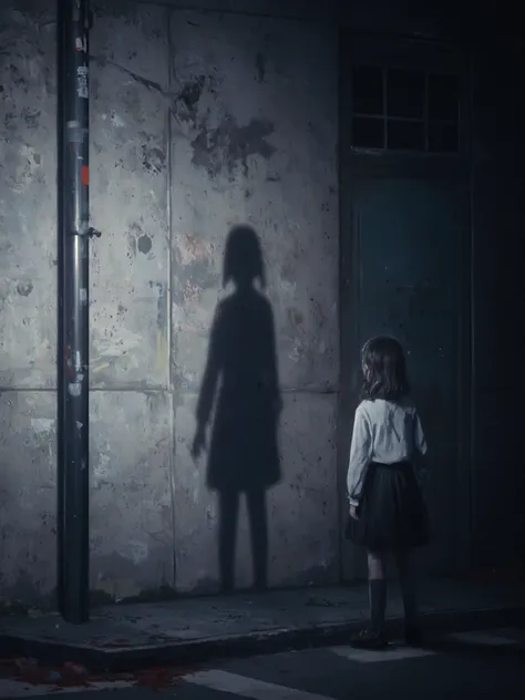 A creepy girl standing on a street corner staring at me and a shadow on the wall,Shadows異形の怪物に変化している,everyday life and horror,to create a sense of anxiety、place the person's shadow in a place with a strong contrast of light and dark in the center of the sc...