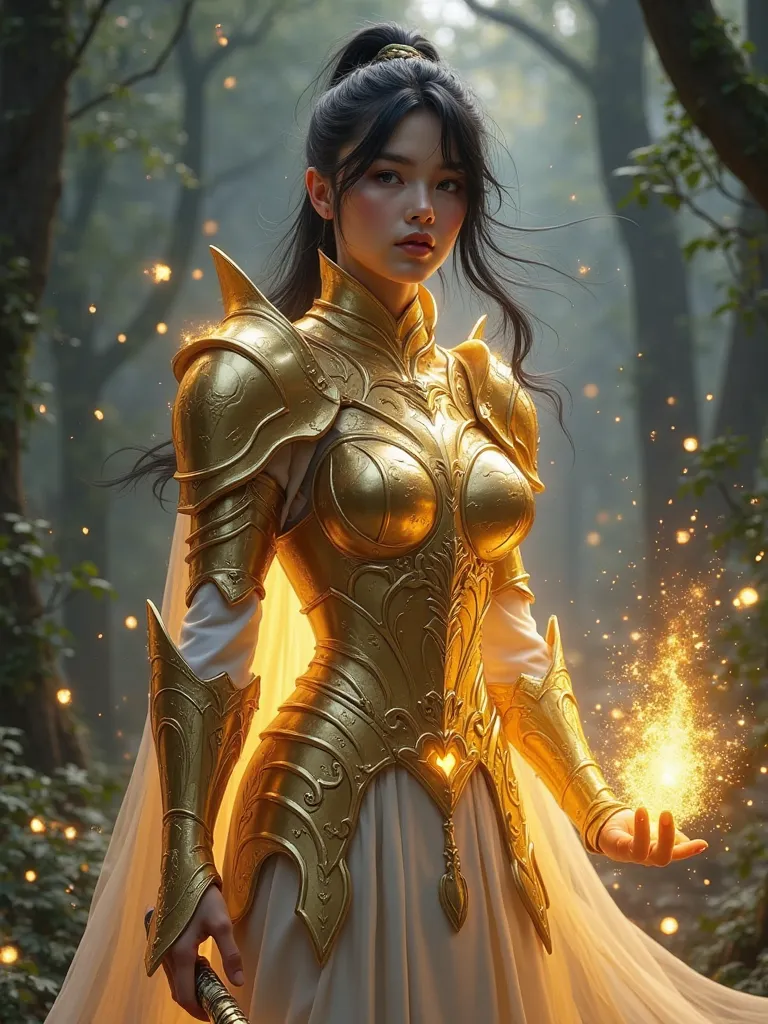 A 25 years old woman who has long black hair in a ponytail, has blue eyes and pale white skin. She is wearing a golden iron armor that emits light, and she holds a wand of light. She is standing like a light that shines so bright in a dark forest as a back...