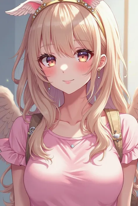 Female Anime Skin Color T-shirt Baby Pink Cutecote Top Celebrity Bling Sleeping Angel Face Diamond Earrings Angel Wing Headband Long Elegant Vampire Hair With Fangs (beige) Ruffle Pink Princess Shoulder Backpack with Kitten Charm for Profile Picture