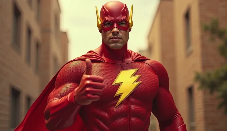 A muscular man in a red superhero suit with a lightning bolt emblem on his chest, wearing a red mask with yellow ear accents. He has a confident expression and is giving a thumbs-up gesture. The background is slightly blurred, with warm lighting creating a...