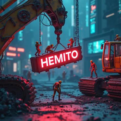 A futuristic scene where tiny, highly detailed miniature humans are working together to hang the glowing HEMITO logo using sturdy chains from both sides. the logo hanged by a big Crain (like an excavator). Some mini workers are on hovering platforms, secur...