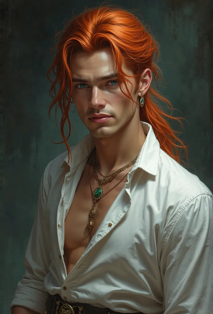 dark fantasy, white ariscocrate shirt, red tied up hair, golden skin, heterocromia eyes, male, handsome, full body, fantasy, man, manly, full body