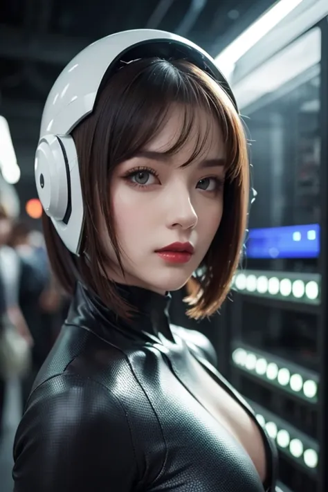  close-up of a woman wearing a futuristic helmet and red lipstick, Cyberpunk Jackie Wells, cgsociety 9,  style for stilets = Retro futuristic ,  beautiful android woman ,   female android ,  retro futuristic fashion , movie「 Blade Runner 」Still image of, F...