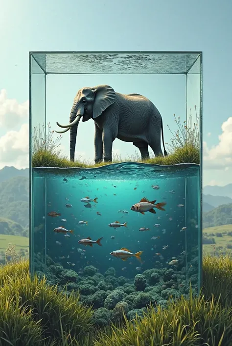 Box type transparent glass. upper side grass land with elephant. down side under water fishes swimming