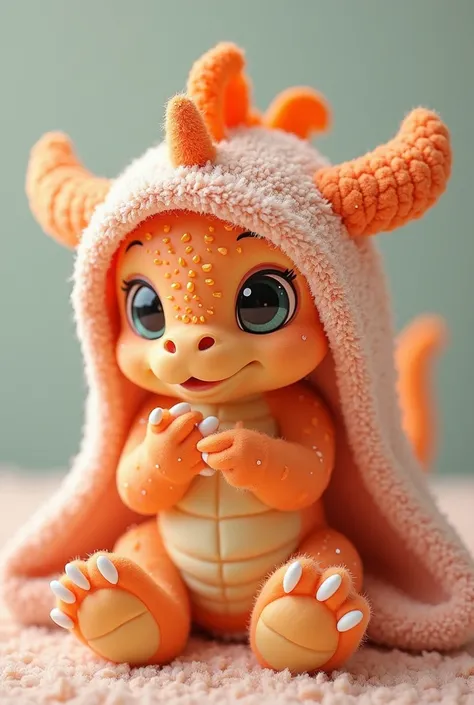 an orange dragon, put on a towel, a headdress, a little one is sticking to your finger.、 A bright little dragon on your finger、 Pastel colorsの七色の毛のかわいいドラゴン、 hair 、The hairs on my body  、 ตาโต cute 、  cute 、novel、แท้TRUE、sporty、 my hands are resting on my f...