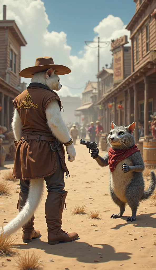 A dynamic, semi-realistic depiction of Whisker McGraw, a rugged white cowboy cat, standing in the middle of a dusty, bustling Wild West town at high noon. His pristine white fur gleams under the harsh sun, and he wears a brown leather duster, a wide-brimme...