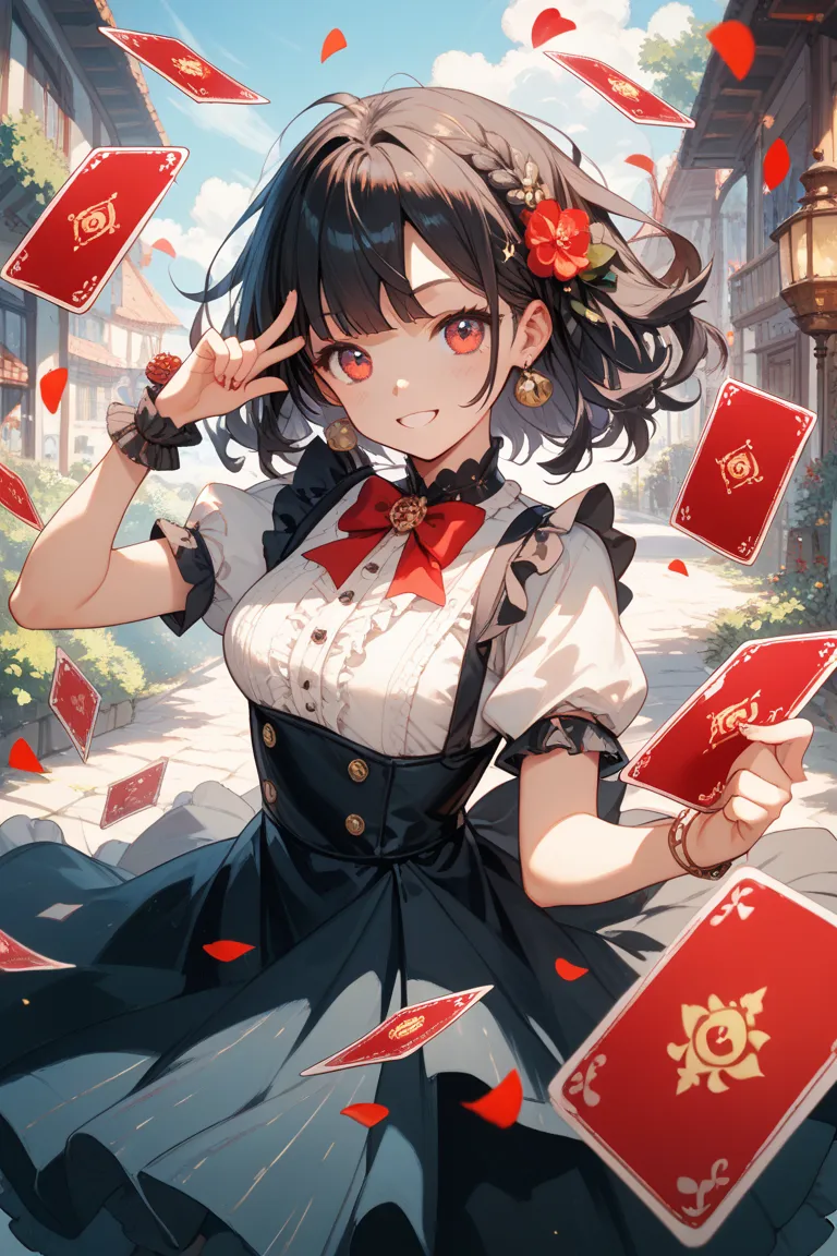 A dark-haired gambler girl wearing a dress with colors centered around red and black。Turn slightly to the left、Hall々pose with her arms spread out and scattering cards。Cute anime-style illustrations showing the whole body
