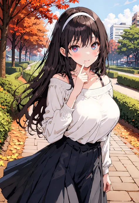  score_9,  score_8_up,  score_7_up,  source_anime, Uta ha Kasumigaoka,   black hair,  white headband ,  long hair, red eyes, Big Breasts,smile,blush,close your mouth,white one-shoulder sweater,Black long skirt, Bbo~,autumn leaves,autumn,Trail,Walking,noon,...