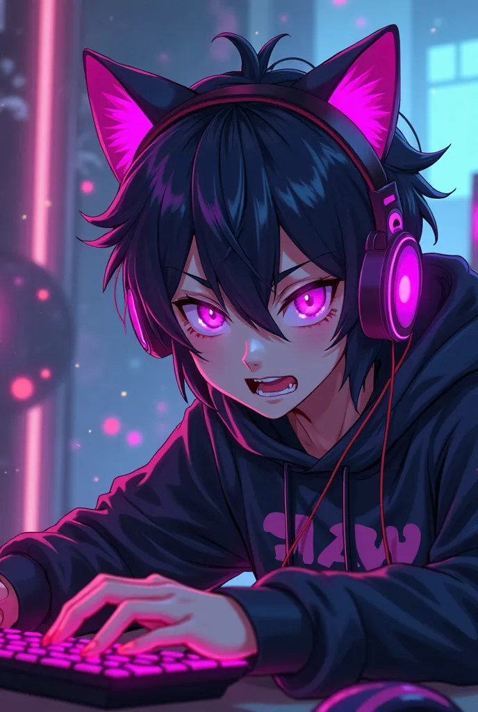 Half-effeminate 18-year-old boy with cat headphones, gamer set with purple neon LEDs, gamer on a gamer PC,  black mask, purple eyes, Scenario and anime characters 2.5D, anime male traits, Angry expression while playing live