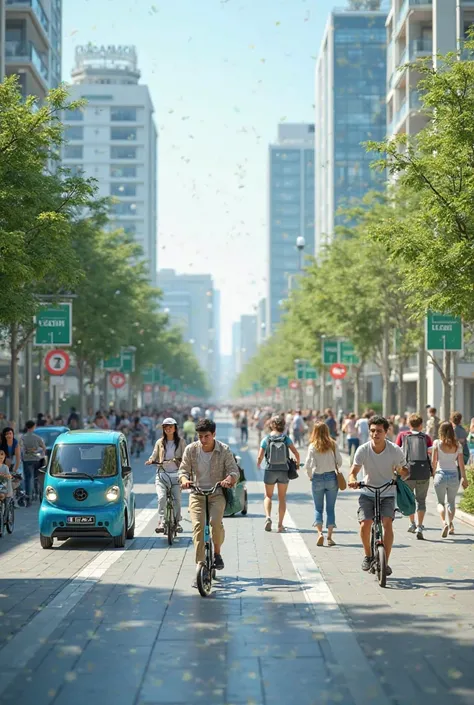 Hello I would like to create an image like a flow of electric vehicles such as scooters, bicycles, people walking, To show that we don't need the excessive use of vehicles 