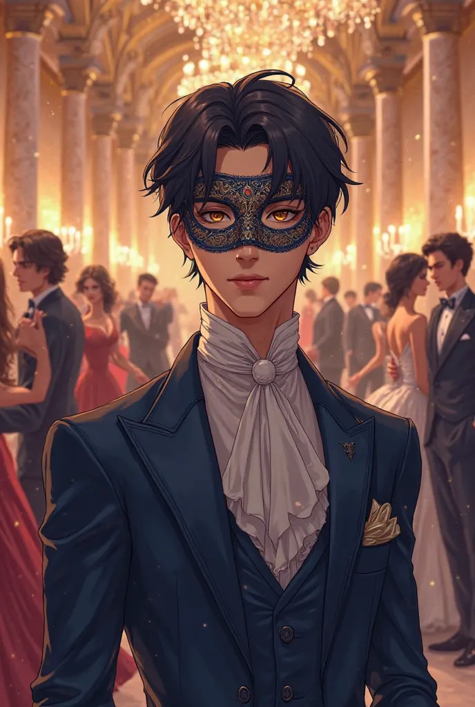 Create a anime of a guy attending masquerade. Handsome. Wearing a mask high class anime 