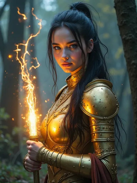 A 25 years old woman who has long black hair in a ponytail, has blue eyes and pale white skin. She is wearing a golden iron armor that emits light, and she holds a wand of light. She is standing like a light that shines so bright in a dark forest as a back...