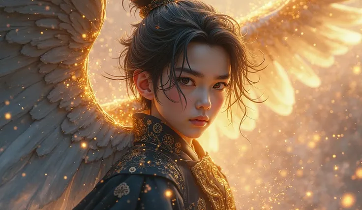 (((cute boy brown hair sparkling gold)))，imperial shadow，magician，（perfect facial features：1.4），（Black yellow and gold silk robe），（Mysterious dark magic：1.2) ，(((Powerful shadow magic))) ，In feudal Chinese ，Blue light Pink light Gold light，(((Crystal storm...