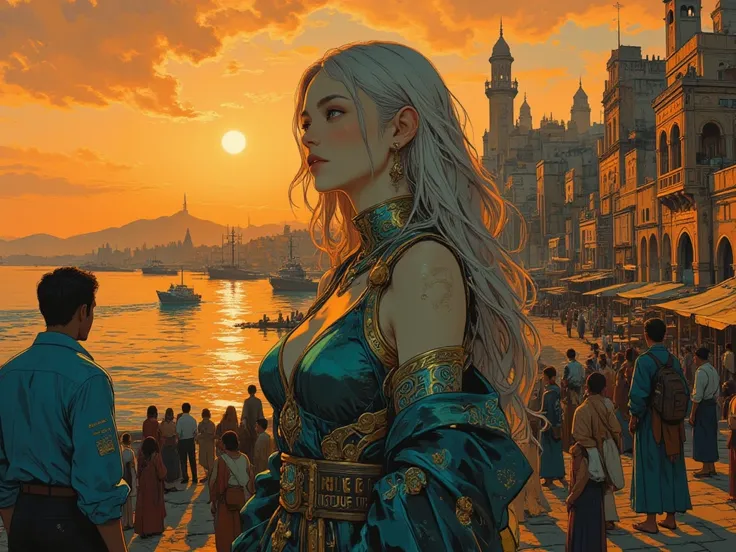 At the port of a vast coastal city, at dusk, a figure of incomparable beauty is standing on the edge of water. She has long, silver hair that shines at sunset, piercing green eyes, and wears an iridescent naga silk dress in shades of blue, green and gold. ...