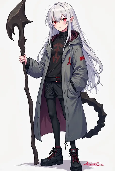 Make a Bungo stray dogs style Character, Gender is Intersex, They have Long white hair that ends right above his knees with Red or Magenta Eyes, slim body build, Full body view. The name on the side of them will be Aoife Discord.
Character sheet. With sket...