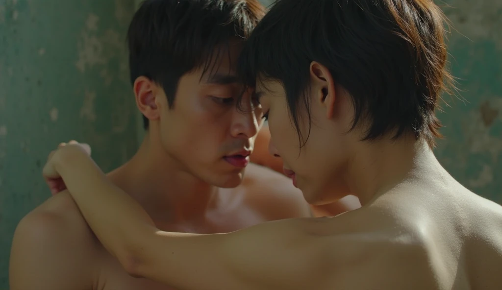 Korean handsome brother holding Japanese beauty face on woman's back close up camera,  Great scene from the movie   ,  Film Screenshot ,  Wang Cheng,  Film Screenshot ,  Movie Scenes, Movie Scenes, Electric section,  Movie Stills ,  LOW QUALITY SHOT ，Two m...