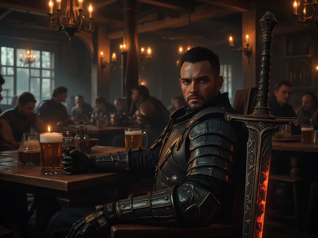 Setting: A rustic tavern, illuminated by torches and wrought iron chandeliers. Mercenaries and adventurers drink and converse at sturdy tables. The air is filled with the smell of beer, roasted meat, and smoke.  
A man sits alone in a dark corner, coldly o...