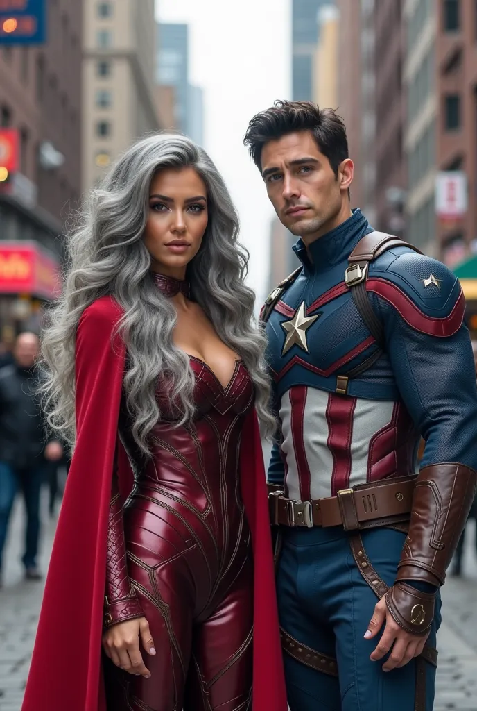 Photorealistic beautiful youthful looking kim kardashian as a 50 years old woman as the the scarlet witch with long completely gray hair in a long curly hairstyle still very young looking dressed as the scarlet witch, long gray hair, taking pictures from a...