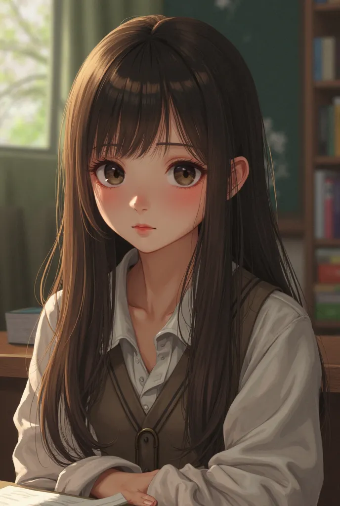 A girl, she has brown, straight and long hair, she has black eyes and she is a student 