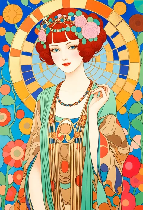 Wonderful,  elegant woman 　 Gustav Klimt :  art nouveau style, George Barbier : art deco style, Paul Klee:  Abstract Style , ,beautiful Japanese woman, Smile,