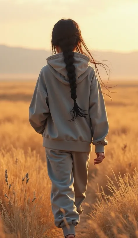 "A beautiful Mongolian girl with long black hair, braided into plaits, walks across the endless steppe. She is wearing a gray hoodie without logos or prints, paired with matching sweatpants. Her look combines ease and comfort, highlighting her natural beau...